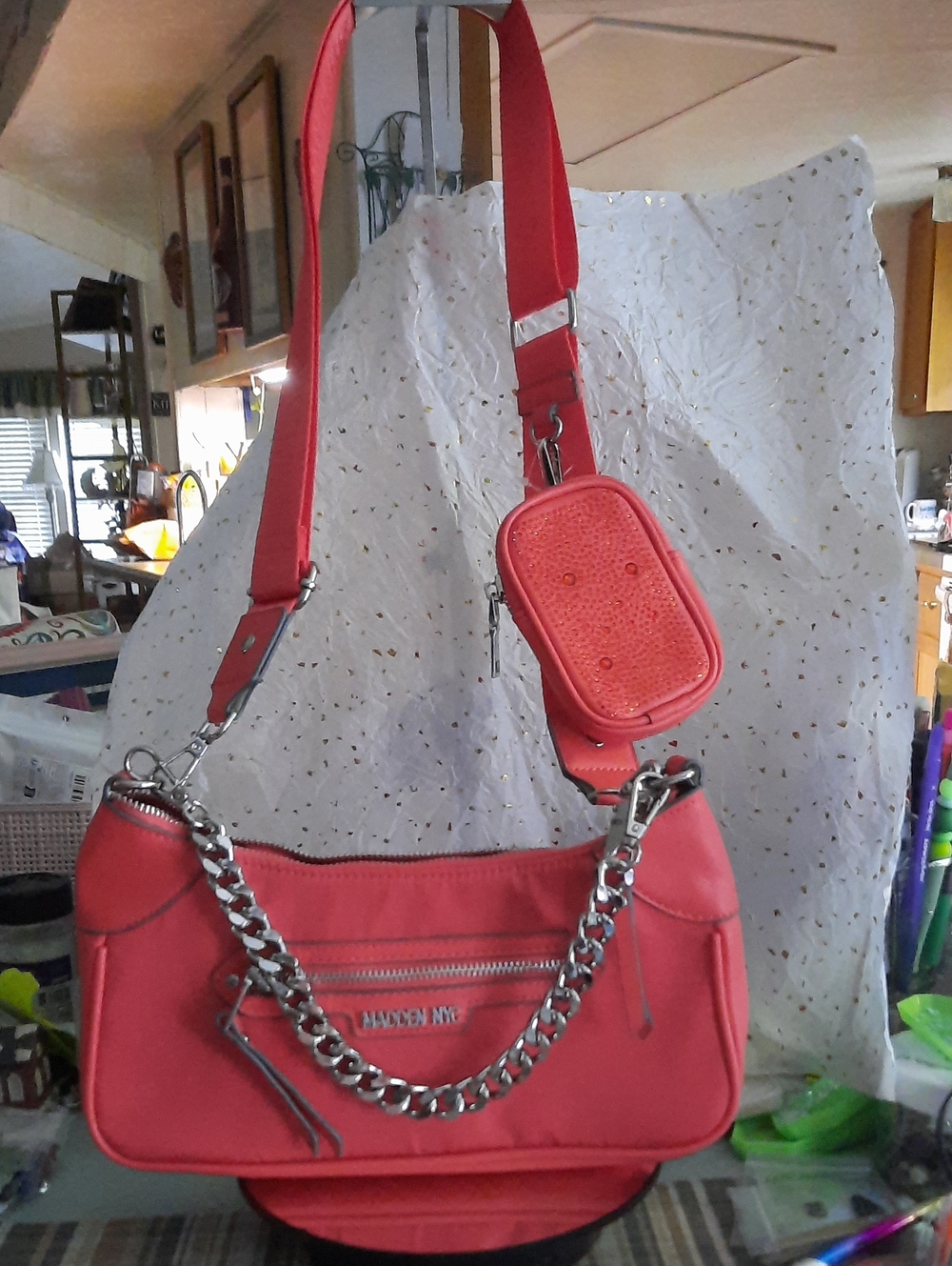 Coral Shoulder Bag with Chain and Detachable Pouch
